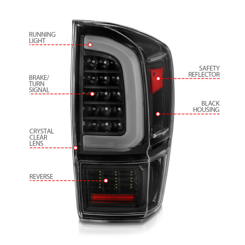 ANZO 16-21 Toyota Tacoma LED Tail Lights - w/ Light Bar Sequential Black Housing & Clear Lens-SR1 Performance