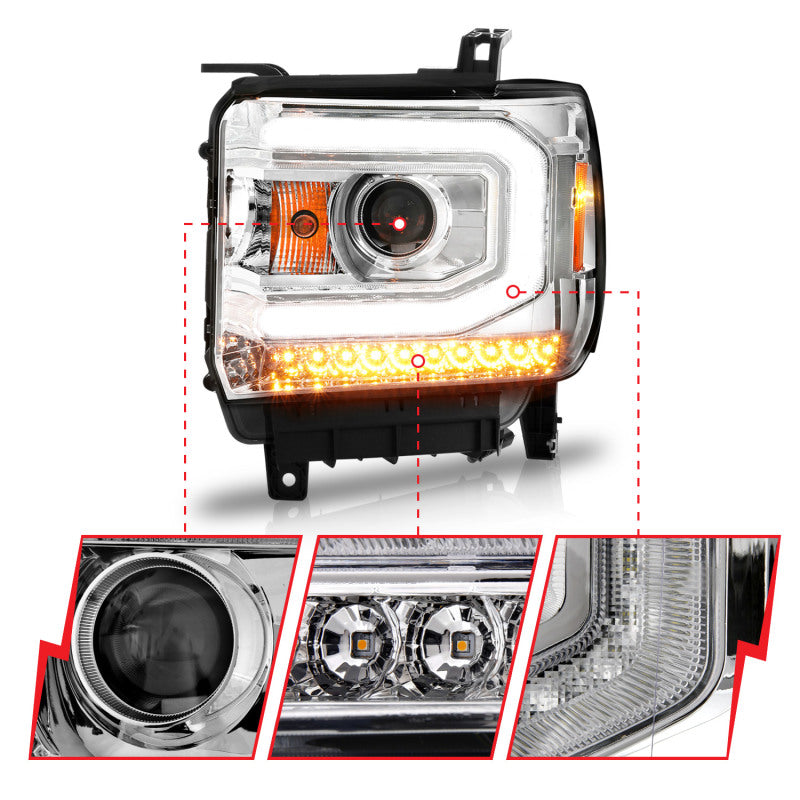 ANZO 2014-2015 Gmc Sierra 1500 Projector Headlights w/ Light Bar Chrome Housing (Halogen Type)-SR1 Performance