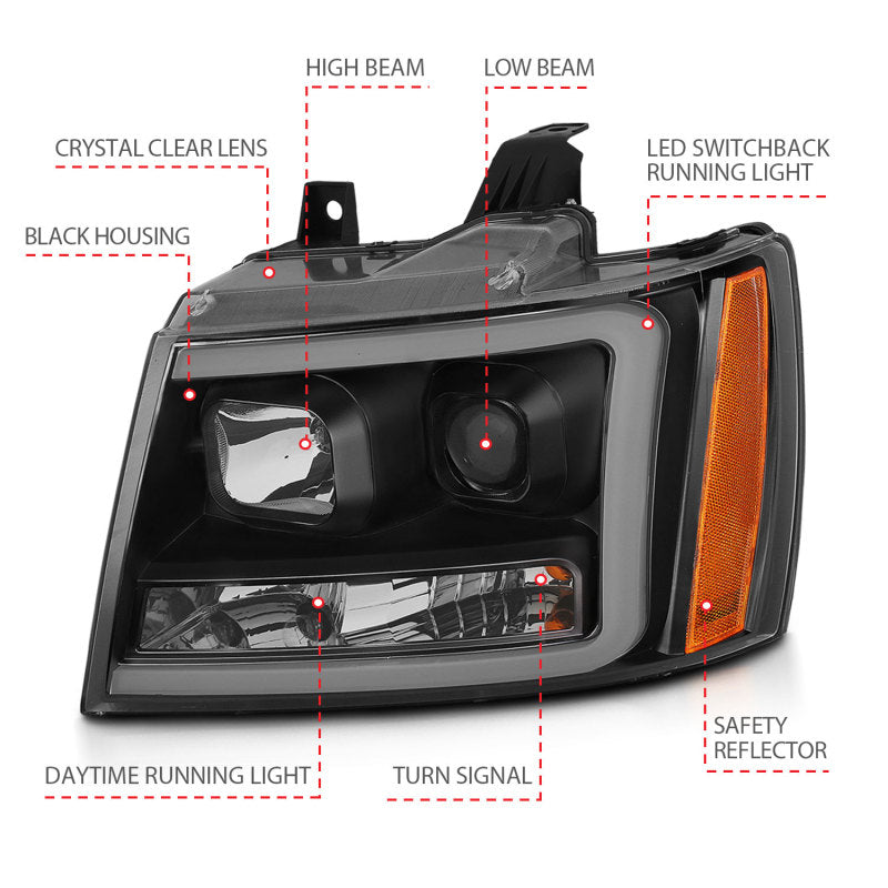 ANZO 07-14 Chevy Tahoe Projector Headlights w/ Plank Style Design Black w/ Amber-SR1 Performance