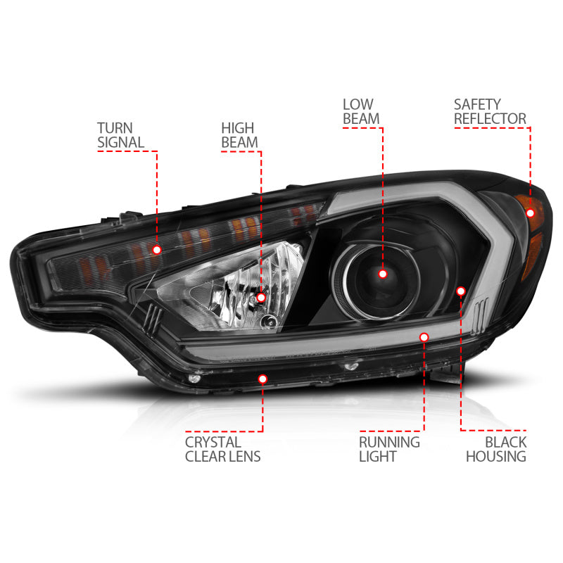 ANZO 2014-2016 Kia Forte Projector Headlights w/ Light Bar Black Housing w/ DRL-SR1 Performance