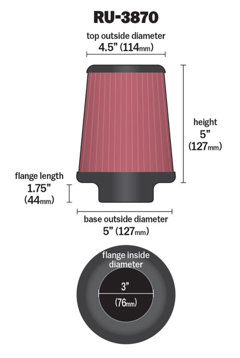 K&N Universal Clamp-On Air Filter 3in FLG / 5in B / 4-1/2in T / 5in H-SR1 Performance