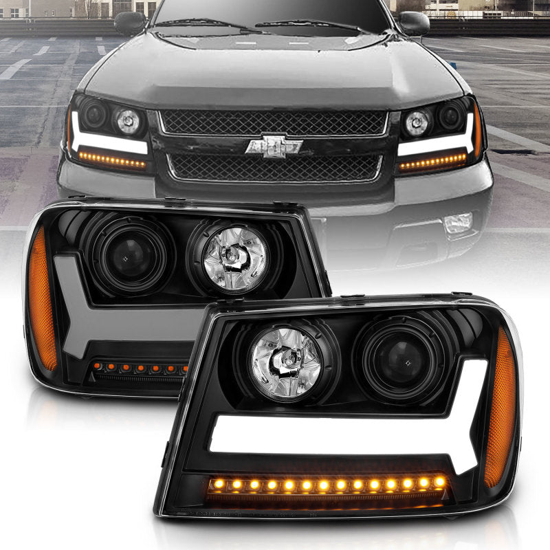 ANZO 2006-2009 Chevrolet Trailblazer Projector Headlights w/ Plank Style Design Black w/ Amber-SR1 Performance