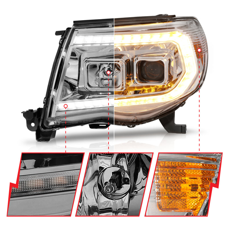 ANZO 05-11 Toyota Tacoma Projector Headlights w/Light Bar Switchback Chrome Housing-SR1 Performance