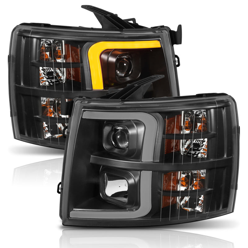 ANZO 07-13 Chevrolet Silverado 1500 Plank Style Projector Headlights Black w/ Amber-SR1 Performance