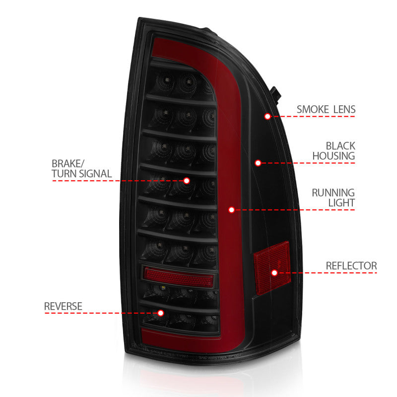 ANZO 05-15 Toyota Tacoma Full LED Tail Lights w/Light Bar Sequential Black Housing Smoke Lens-SR1 Performance