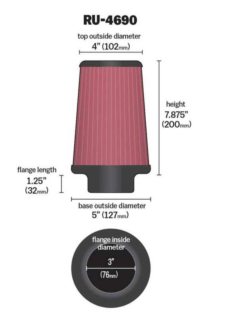 K&N Universal Round Tapered Filter 3 inch FLG / 5 inch Bottom / 4 inch Top / 7 7/8 inch Height-SR1 Performance