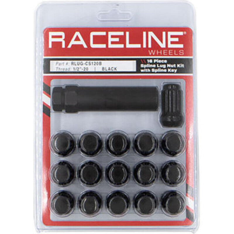 Raceline Spline Lug Nut Kit with Spline Key 1/2 inch-20, Black - 16 Pack