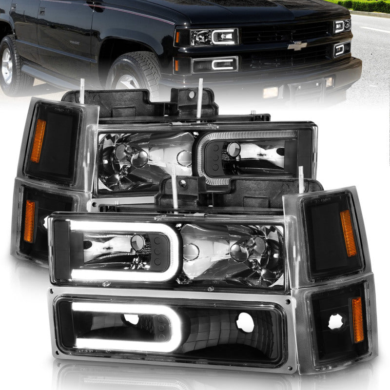 ANZO 88-98 Chevrolet C1500 Crystal Headlight Set with Light Bar and Signal Side Markers, Black Housing, Clear Lens, Pair