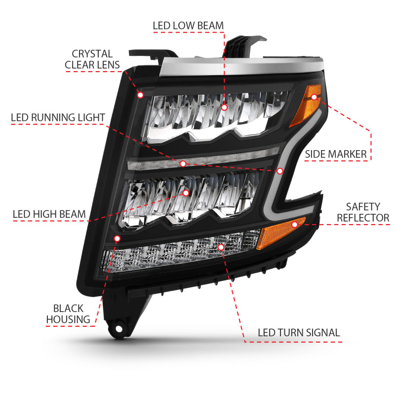 ANZO 15-20 Chevy Tahoe/Suburban LED Light Bar Style Headlights Black w/Sequential w/DRL w/Amber-SR1 Performance