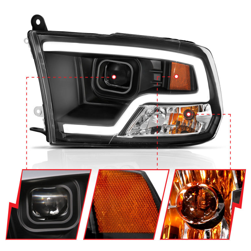 ANZO 09-18 Dodge Ram 1500 Plank Style Projector Headlights with Halo in Black