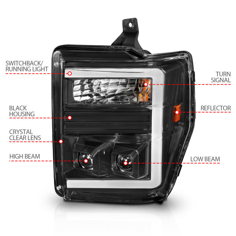ANZO 08-10 Ford F-250 - F-550 Super Duty Projector Headlights w/ Light Bar Switchback Black Housing-SR1 Performance