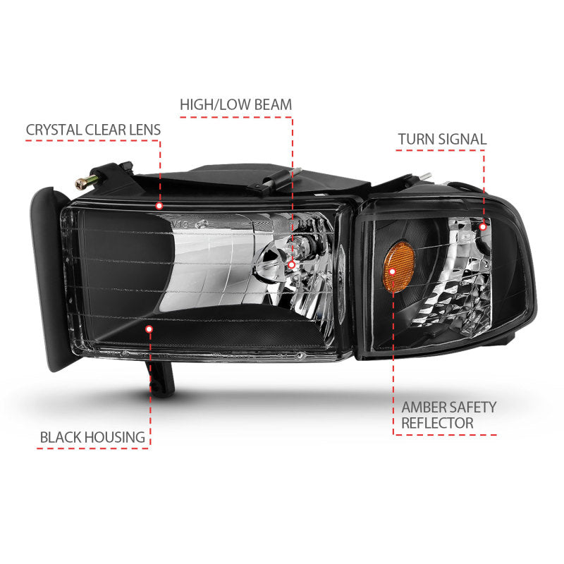ANZO 1994-2001 Dodge Ram Crystal Headlights Black-SR1 Performance