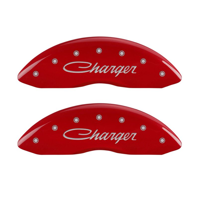 MGP 4 Caliper Covers Engraved Front & Rear Cursive/Charger Red finish silver-SR1 Performance
