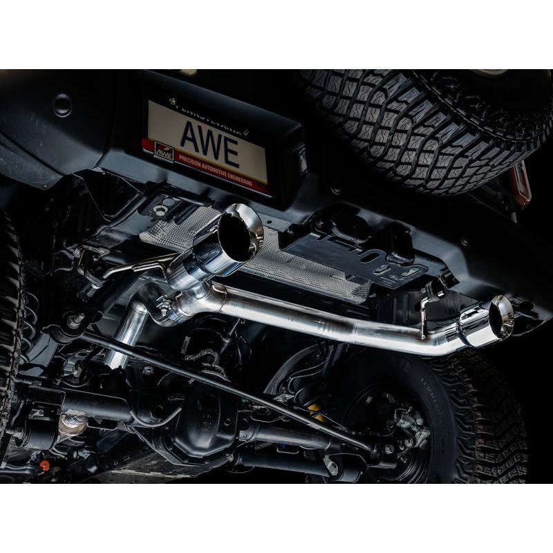 AWE Tuning 2021+ Ford Bronco 0FG Dual Rear Exit Exhaust w/Chrome Silver Tips & Bash Guard-SR1 Performance