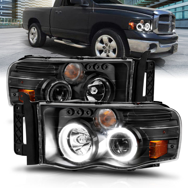 ANZO 2002-2005 Dodge Ram 1500 Projector Headlights w/ Halo Black Clear Amber-SR1 Performance