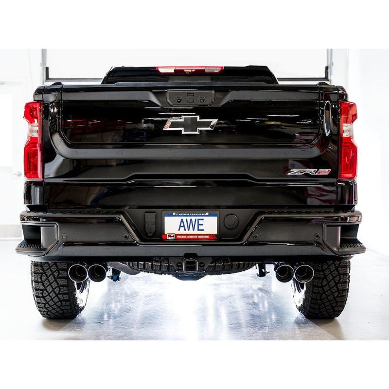 AWE Tuning 22-23 GMC Sierra 1500 AT4X 6.2L 0FG Catback Split Dual (Flat Bumper) - Chrome Silver Tips-SR1 Performance
