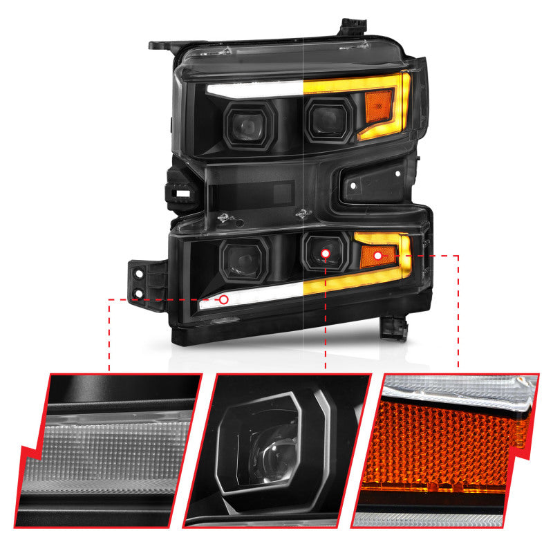 ANZO 19-22 Chevrolet Silverado 1500 LED Proj HL w/Lgt Bar SwBk Seq. Blk w/In. Light - Driver Side ON-SR1 Performance