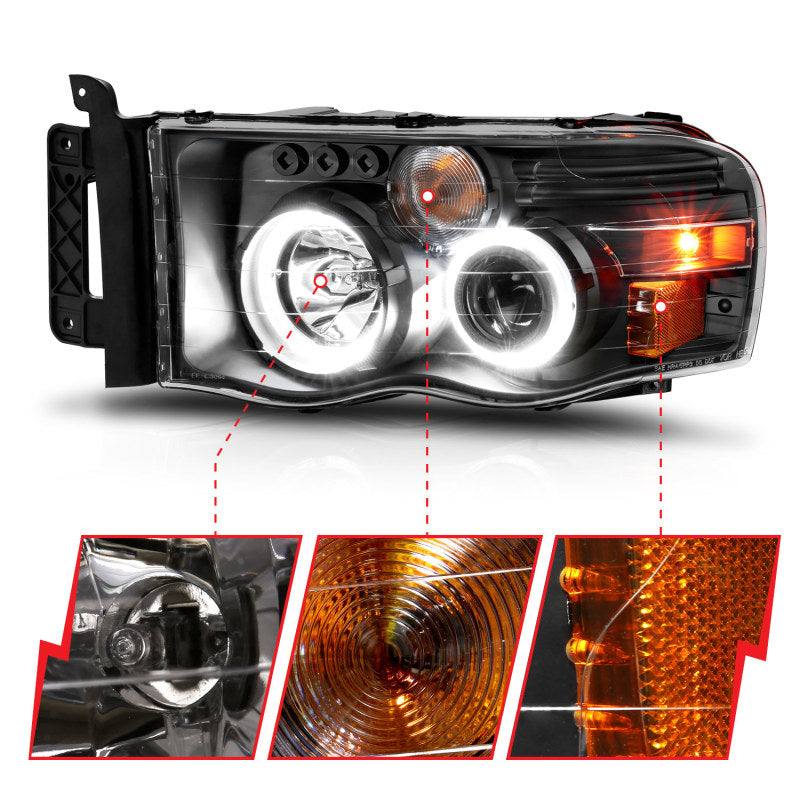ANZO 2002-2005 Dodge Ram 1500 Projector Headlights w/ Halo Black Clear Amber-SR1 Performance