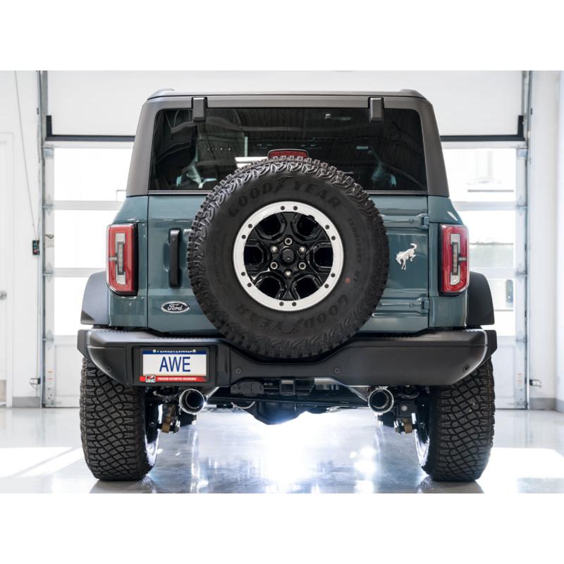 AWE Tuning 2021+ Ford Bronco 0FG Dual Rear Exit Exhaust w/Chrome Silver Tips & Bash Guard-SR1 Performance