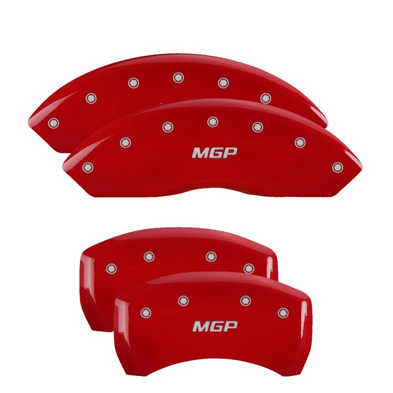 MGP 4 Caliper Covers Engraved Front & Rear in Red Finish with Silver Characters for Toyota Tundra (2015-2019)