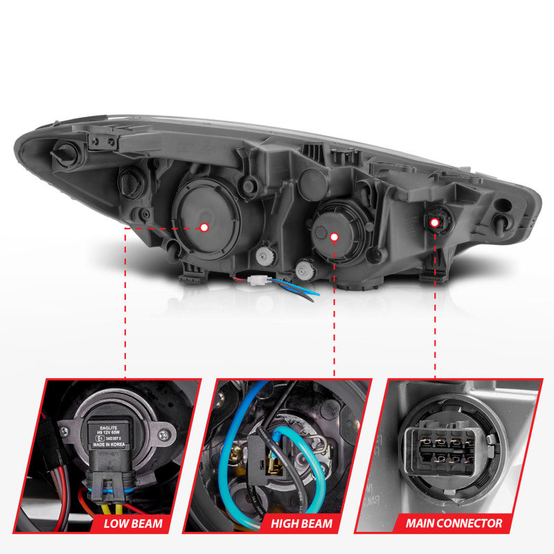ANZO 2014-2016 Kia Forte Projector Headlights w/ Light Bar Black Housing w/ DRL-SR1 Performance