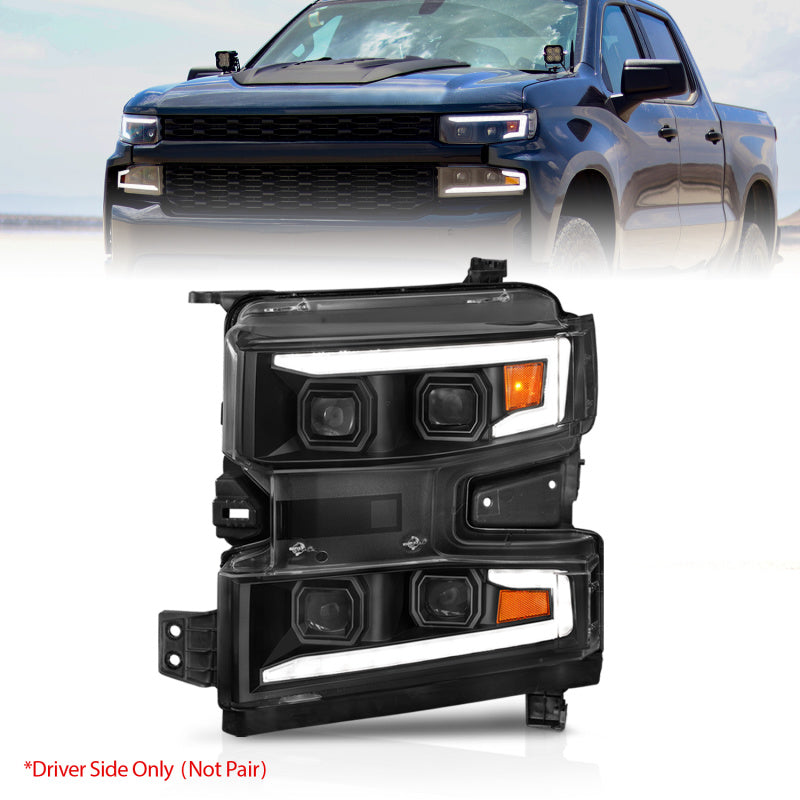 ANZO 19-22 Chevrolet Silverado 1500 LED Proj HL w/Lgt Bar SwBk Seq. Blk w/In. Light - Driver Side ON-SR1 Performance