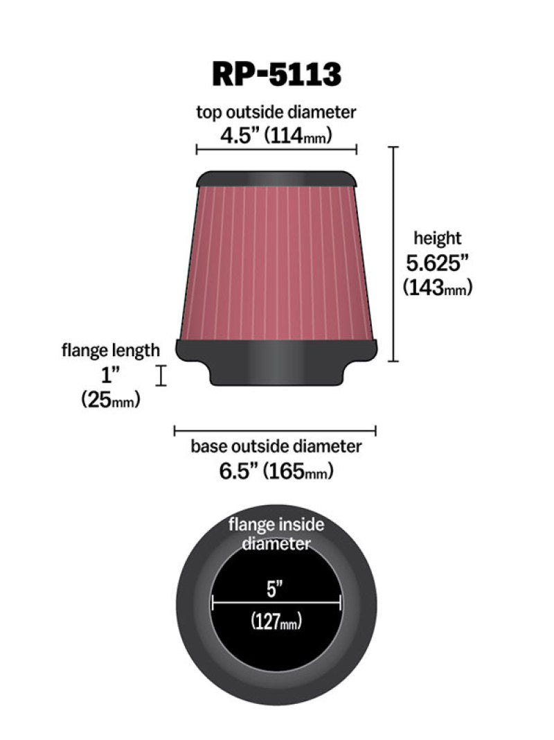 K&N Cone Filter 5in ID 6.5in base 4.5in top 5.625in height carbon fiber look-SR1 Performance