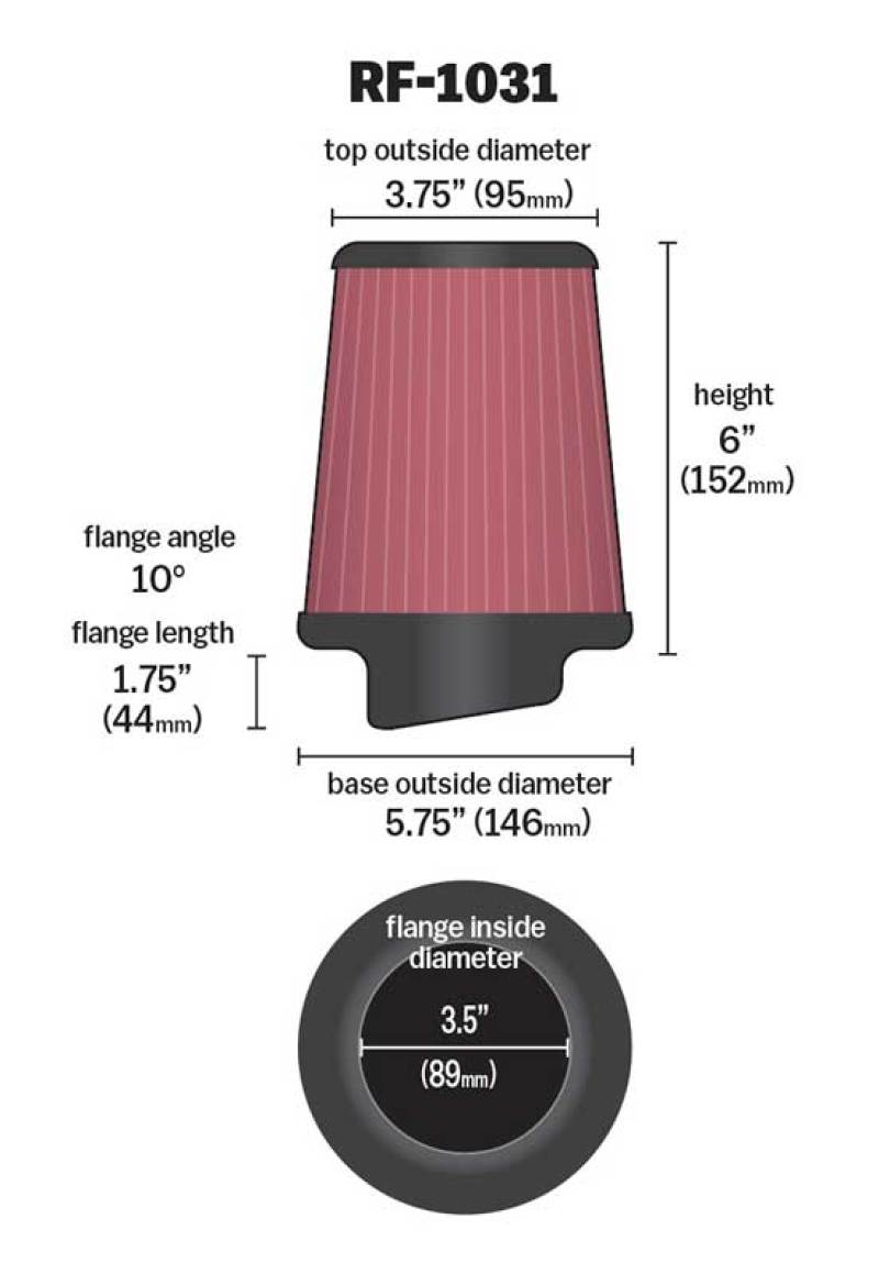 K&N Round Tapered Universal Air Filter 3.5in Flange ID / 5.75in Base OD / 3.75in Top OD / 6in H-SR1 Performance