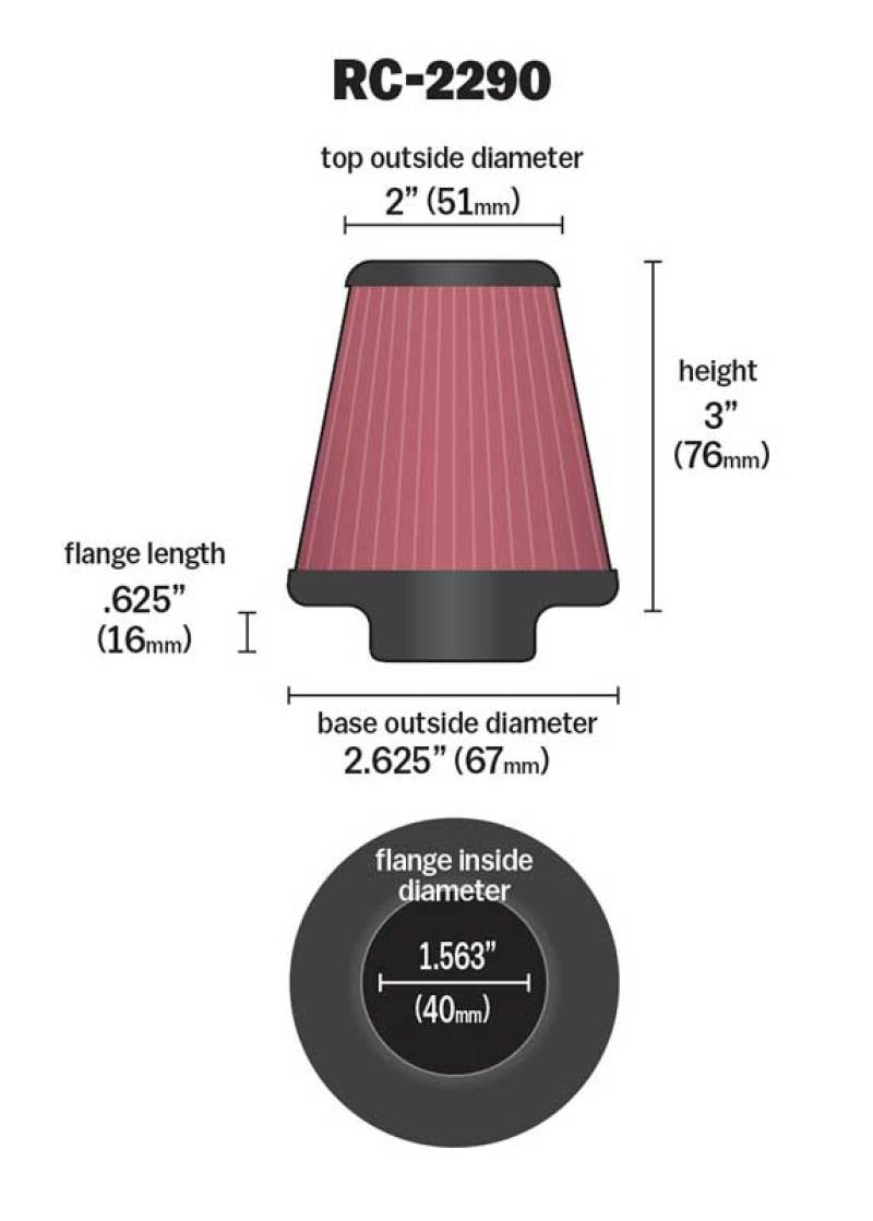 K&N Universal Chrome Filter 1 9/16 inch FLG / 2 5/8 inch Bottom / 2 inch Top / 3 inch Height-SR1 Performance