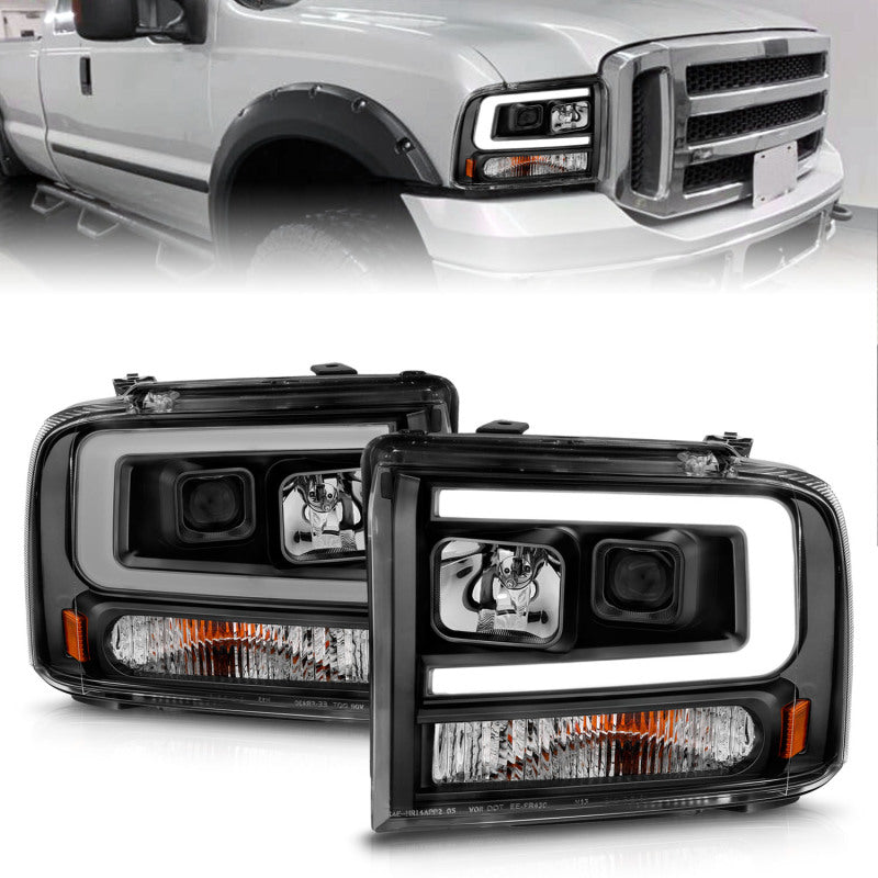 ANZO 99-04 Ford F250/F350/F450/Excursion (excl 99) Projector Headlights - w/ Light Bar Black Housing-SR1 Performance