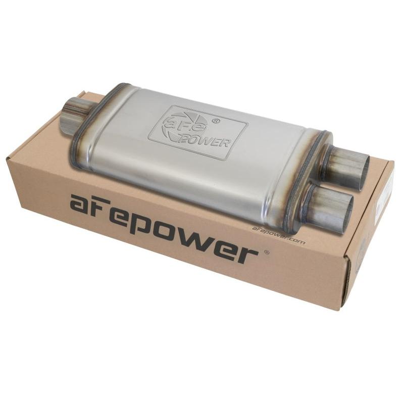 aFe MACHForce XP SS Muffler 3in Center Inlet / 2.5in Dual Outlets 18in L x 9in W x4in H Body-SR1 Performance