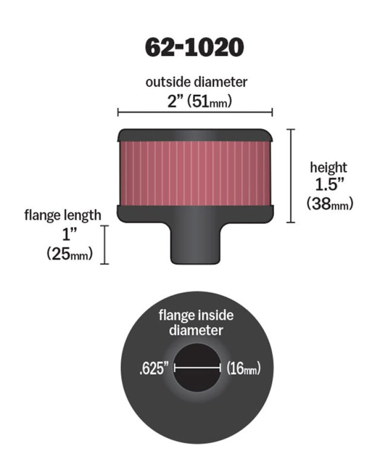 K&N Steel Base Crankcase Vent Filter .625in Vent OD x 2in OD x 1.5in Height-SR1 Performance