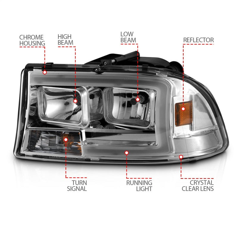 ANZO 97-04 Dodge Dakota/Durango Crystal headlight Set w/ Light Bar Chrome Housing-SR1 Performance