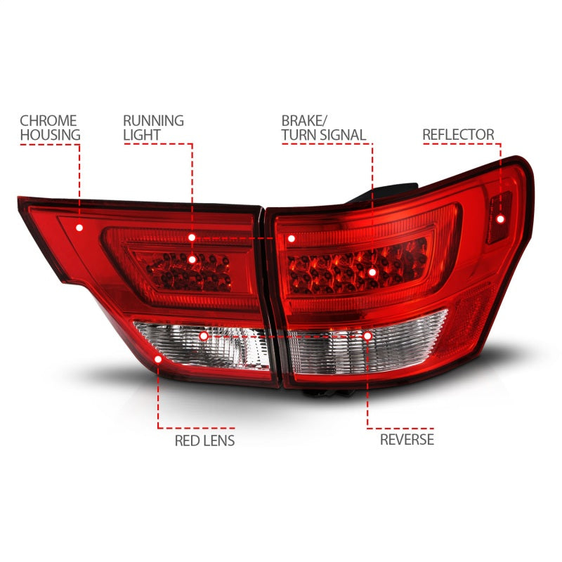 ANZO 11-13 Jeep Grand Cherokee LED Taillights w/ Lightbar Chrome Housing Red/Clear Lens 4pcs-SR1 Performance