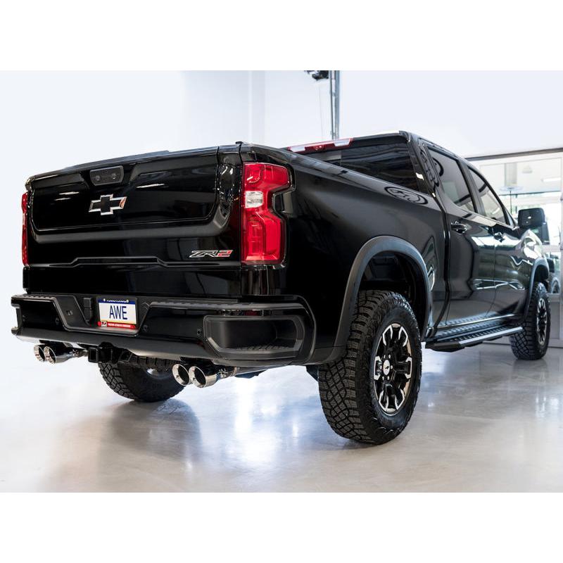 AWE Tuning 22-23 GMC Sierra 1500 AT4X 6.2L 0FG Catback Split Dual (Flat Bumper) - Chrome Silver Tips-SR1 Performance