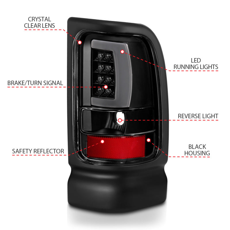 ANZO 1994-2001 Dodge Ram 1500 LED Taillights Plank Style Black w/Clear Lens-SR1 Performance