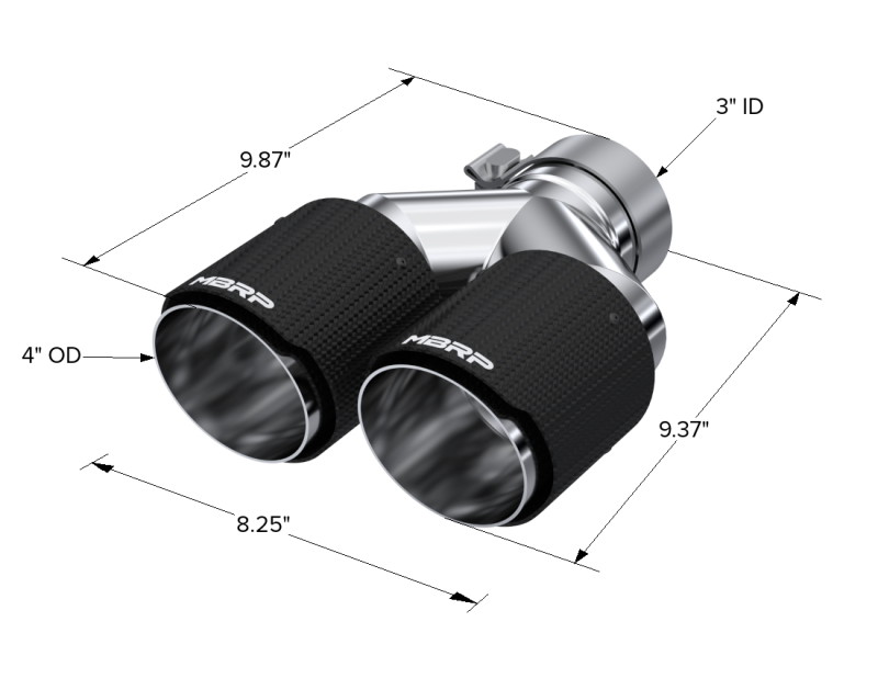 MBRP 3in ID / Dual 4in OD Out Staggered L 9.87in / R 9.37in Dual Wall Carbon Fiber Univ Exhaust Tip-SR1 Performance
