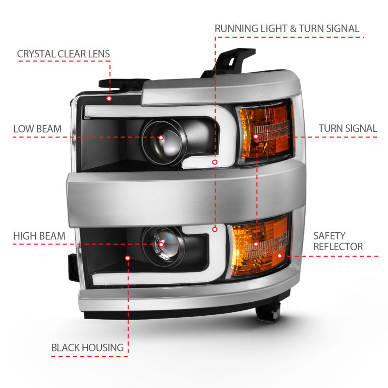 ANZO 2015-2016 Chevrolet Silverado Projector Headlights w/ Plank Style Design Black w/ Amber-SR1 Performance