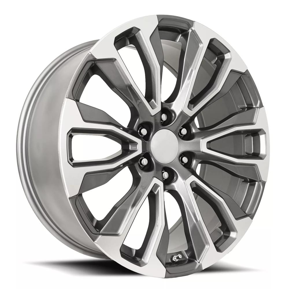 22X9 6X5.5 +28 HB 78.1 GMC DENALI 12 SPOKE REPLICA WHEEL GREY/MACH FACE WITH CAP-SR1 Performance