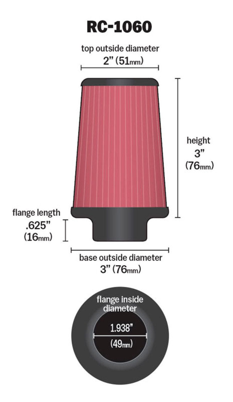 K&N Universal Chrome Filter 1 15/16 inch FLG / 3 inch Base / 2 inch Top / 3 inch Height-SR1 Performance