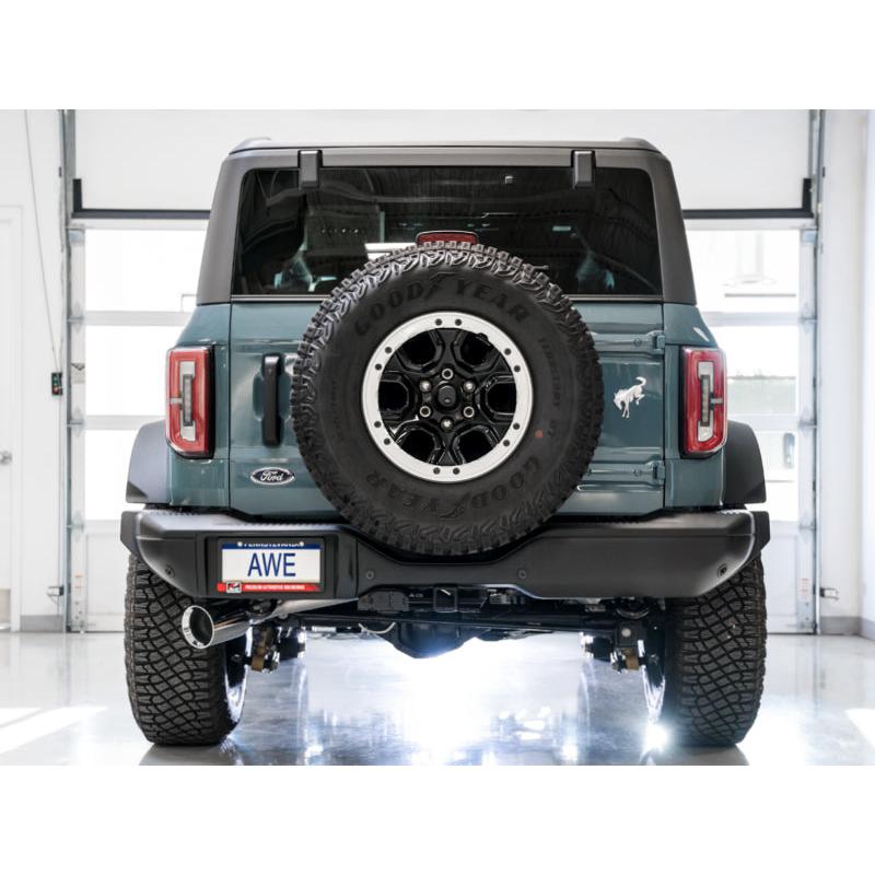 AWE Tuning 2021+ Ford Bronco 0FG Single Rear Exit Exhaust w/Chrome Silver Tip & Bash Guard-SR1 Performance