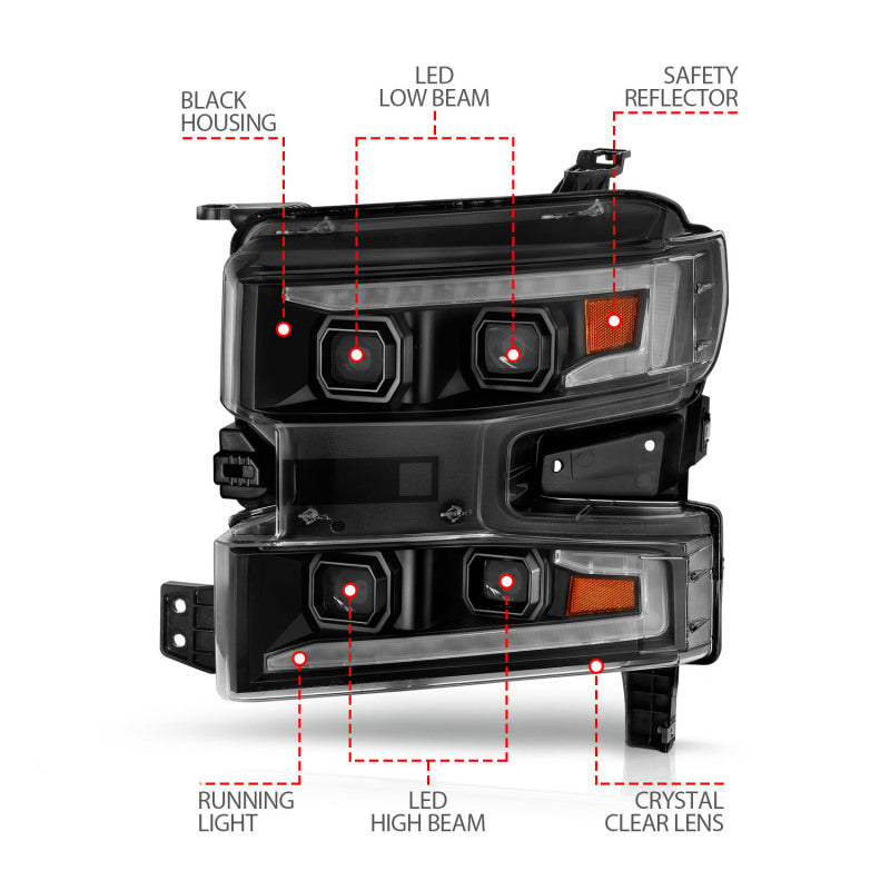 ANZO 19-22 Chevrolet Silverado 1500 LED Proj HL w/Lgt Bar SwBk Seq. Blk w/In. Light - Passenger Side-SR1 Performance