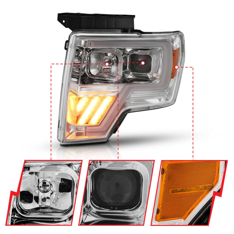 ANZO 2009-2014 Ford F-150 Projector Headlight Chrome Amber-SR1 Performance
