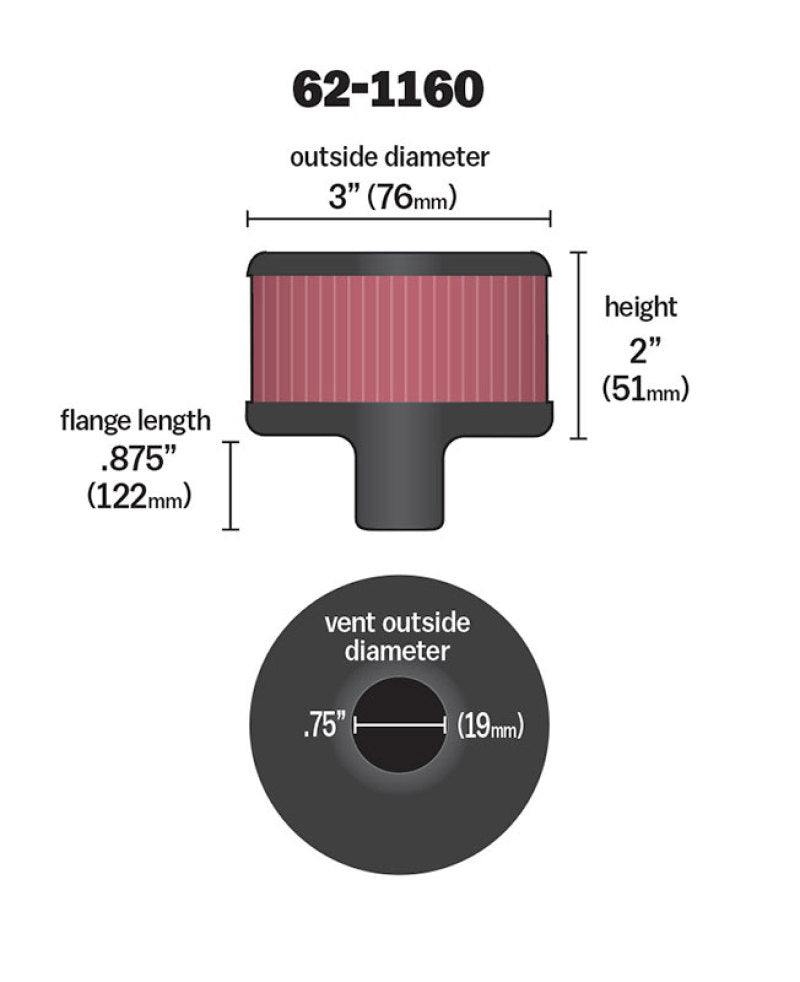K&N Filter 3/4in Vent 3in Diameter 2in Height-SR1 Performance
