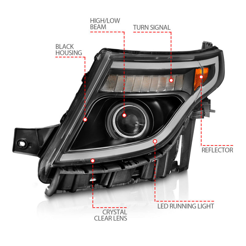 ANZO 11-15 Ford Explorer (w/Factory Halogen HL Only) Projector Headlights w/Light Bar Black Housing-SR1 Performance