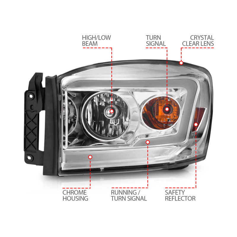 Anzo 06-09 Dodge RAM 1500/2500/3500 Headlights Chrome Housing/Clear Lens (w/ Light Bars)-SR1 Performance