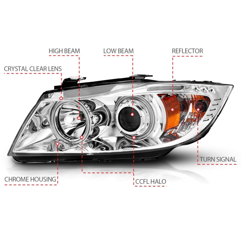 ANZO 2006-2008 BMW 3 Series E90-E91 Projector Headlights w/ Halo w/ LED Bar Chrome (CCFL)-SR1 Performance