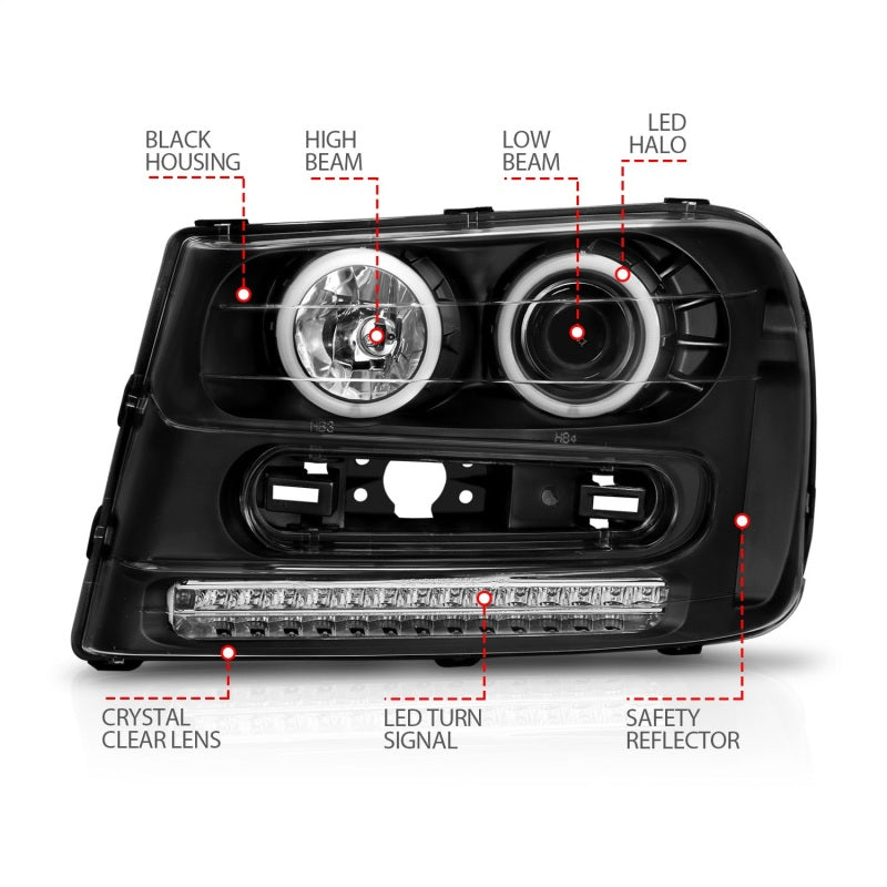 ANZO 2002-2009 Chevrolet Trailblazer Projector Headlights w/ Halo Black-SR1 Performance