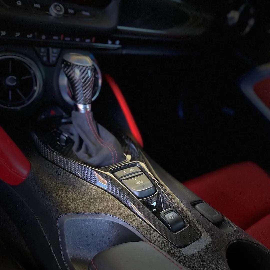 Chevy Camaro 2016-2024 Real Carbon Fiber Gear Shift Chrome Trim Delete Cover - carbonaddons Carbon Fiber Parts, Accessories, Upgrades, Mods
