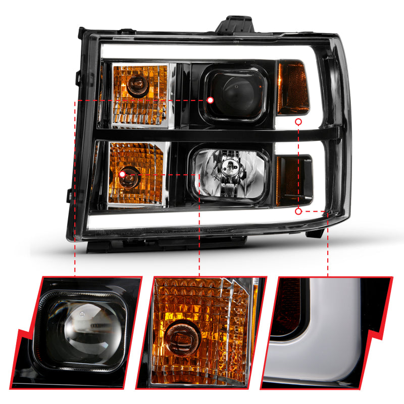 ANZO 2007-2013 Gmc Sierra 1500 Projector Headlight Plank Style Black w/ Clear Lens Amber-SR1 Performance